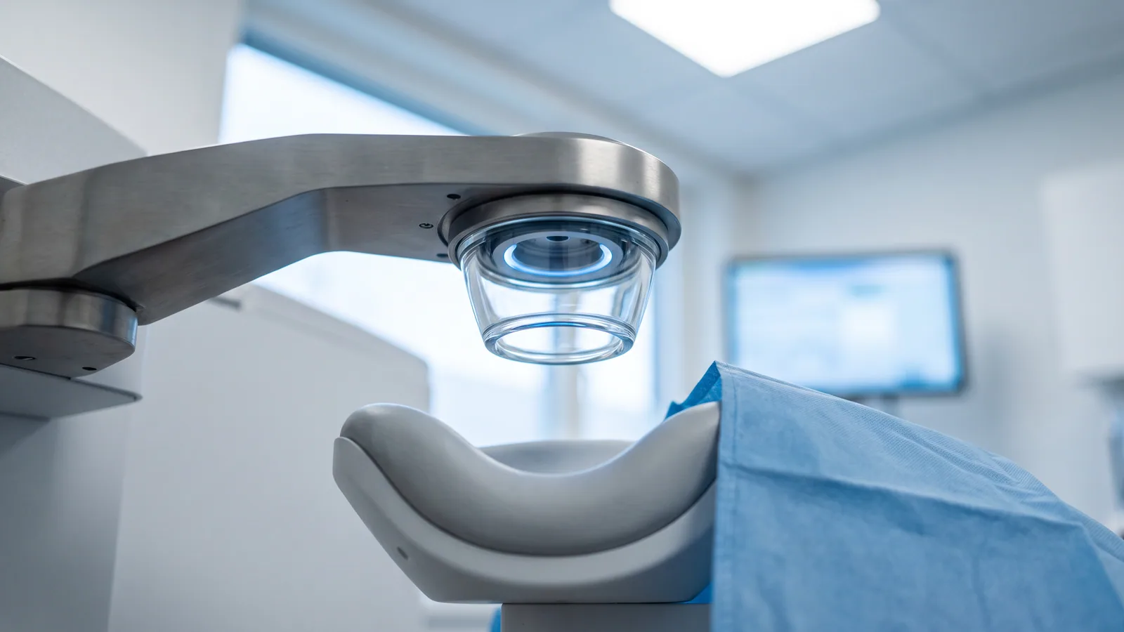 Nærbillede af dokningskeglen på en femtosekundlaser til øjenlaser, med et svagt blåt lys, over en tom patientstol i en lys nordisk øjenklinik.