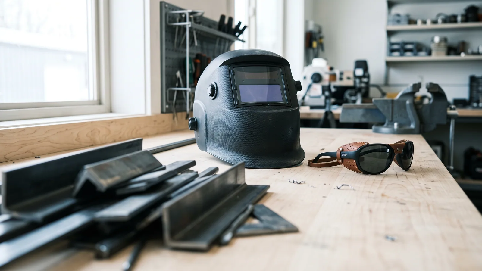 Værkstedsbord i dagslys med en svejsehjelm med automatisk svejseglas og et par tætsiddende gletsjerbriller