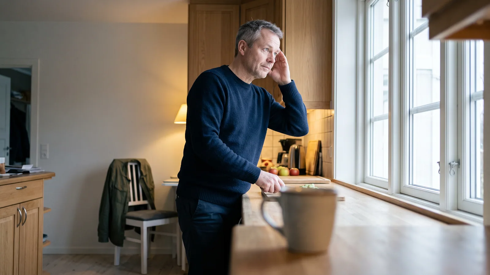 En mand i halvtredserne står ved køkkenvinduet med hånden mod tindingen og et fjernt blik ud i det grå dagslys.
