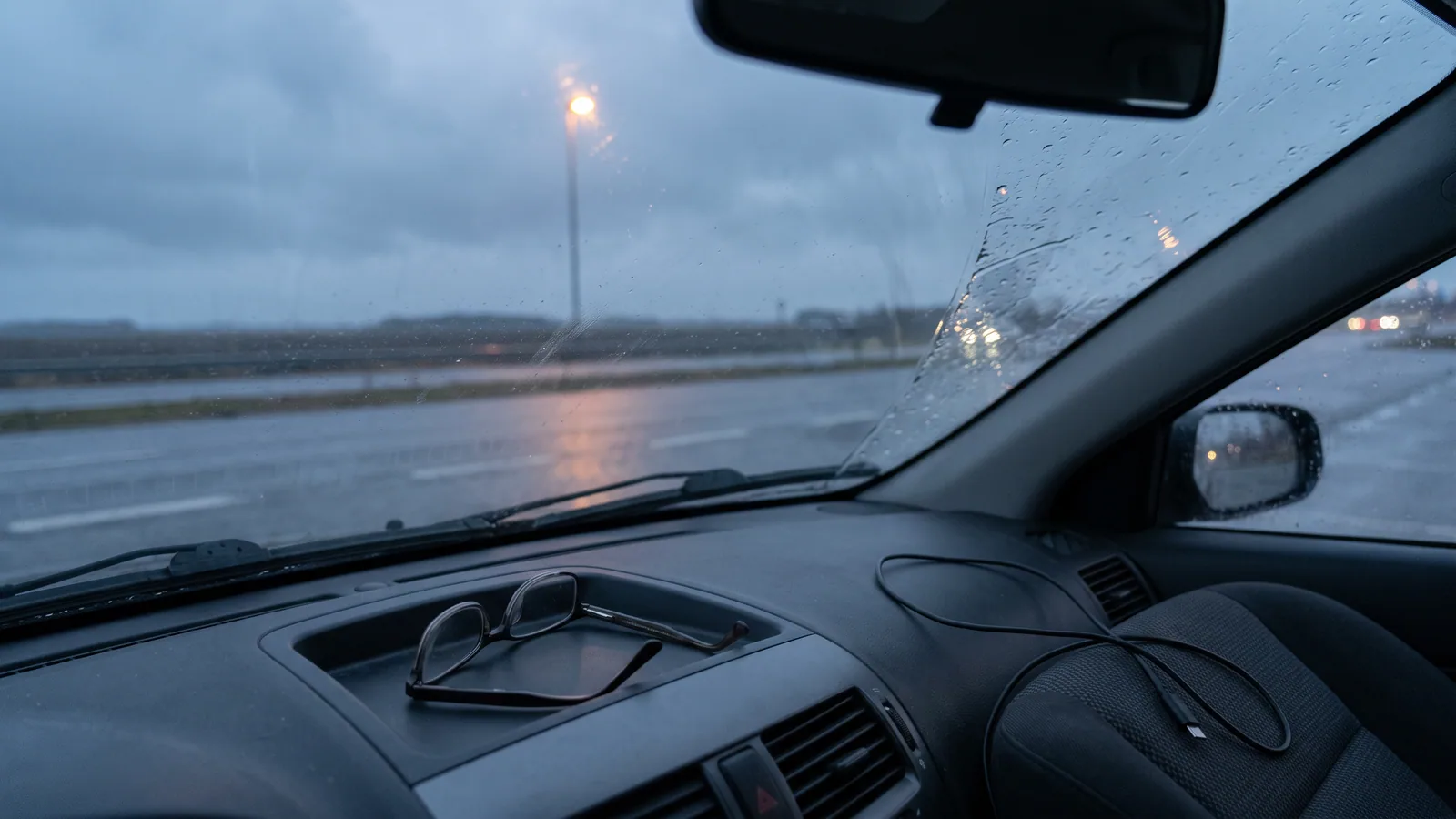 Briller lagt sammen på instrumentbrættet i en parkeret bil, med en våd landevej og en gadelygte i skumringen gennem forruden