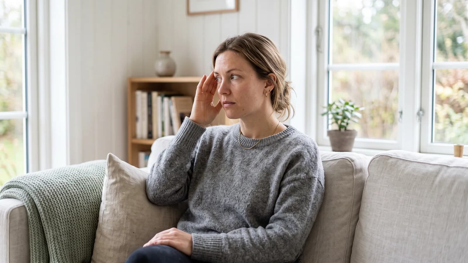 En kvinde i 30'erne sidder i en lys nordisk stue ved vinduet og holder fingrene mod tindingen, mens hun kigger til siden