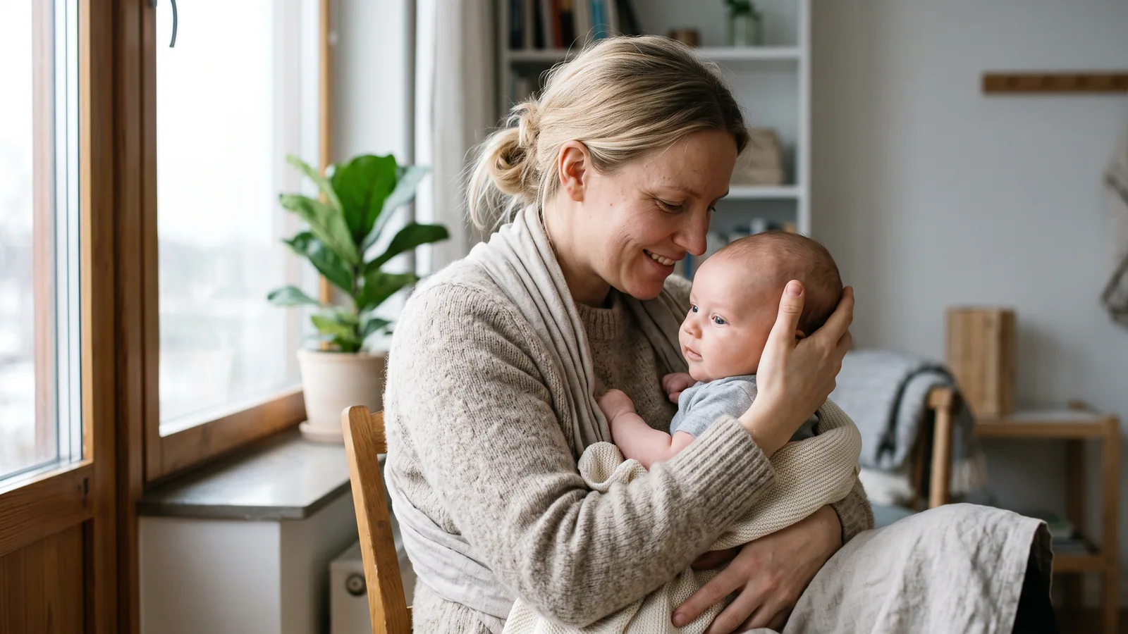 En nordisk forælder holder roligt et tilfreds spædbarn ind til sig ved et lyst vindue i blødt dagslys