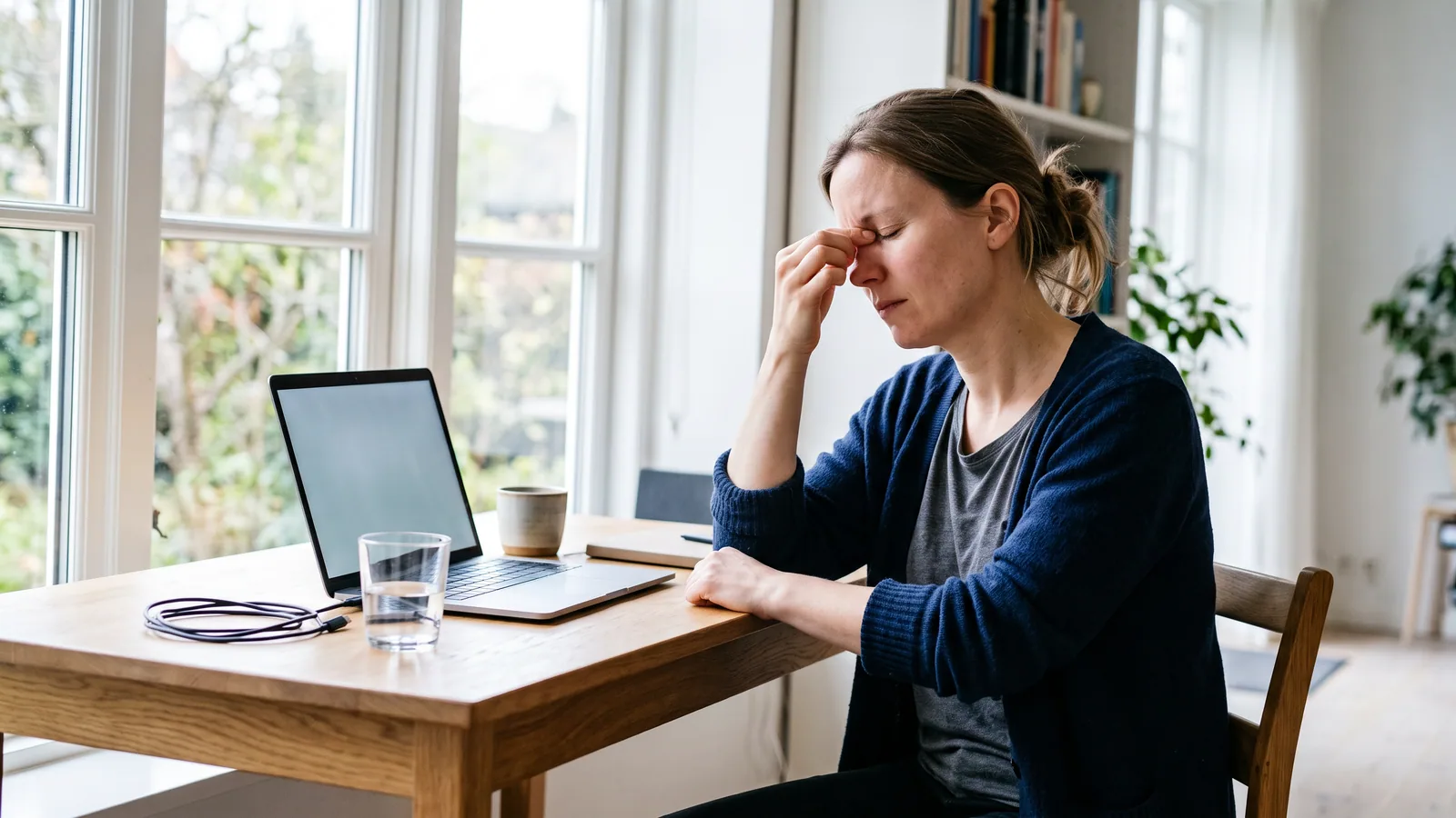 Mand i 30'erne ved et hjemmekontor om aftenen læner sig tilbage fra en bærbar computer og klemmer næseroden med lukkede øjne efter en lang dag ved skærmen