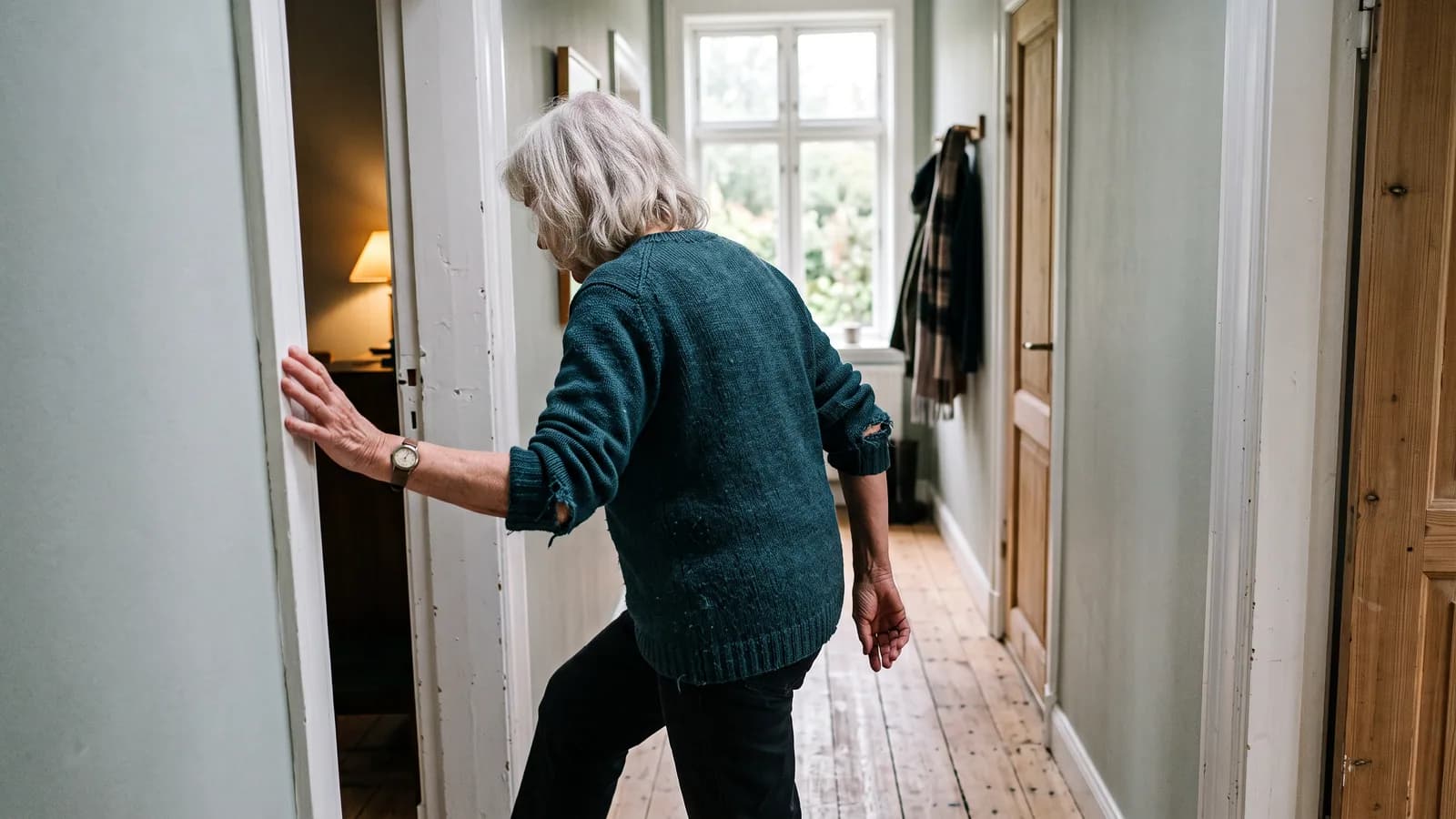 Ældre kvinde går gennem en døråbning i en lys gang og støtter den ene hånd mod karmen