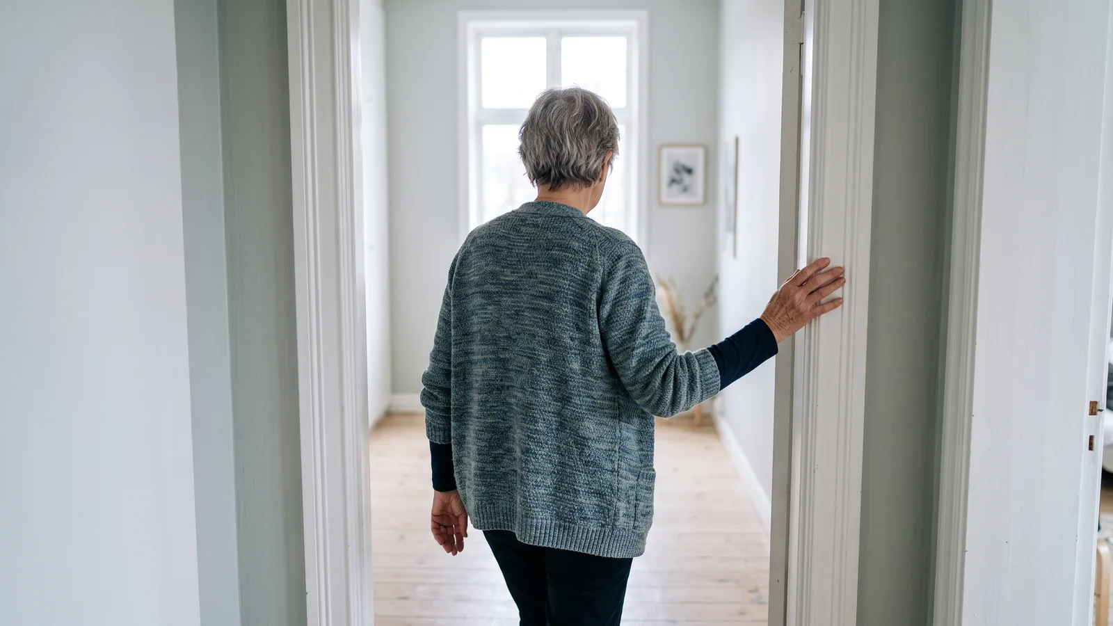Ældre kvinde går gennem en døråbning i en lys gang og støtter den ene hånd mod karmen