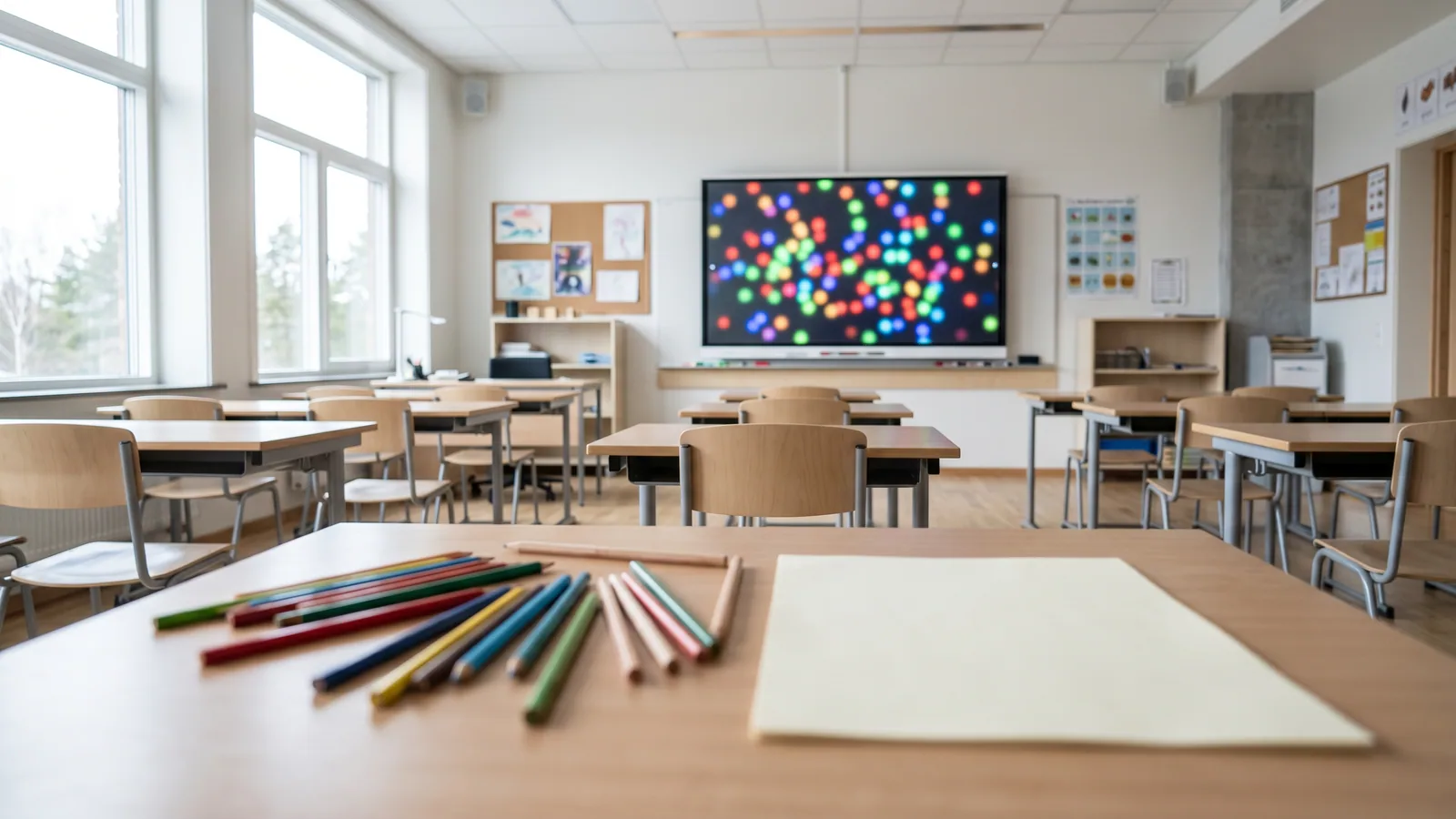 Et lyst nordisk klasselokale, hvor en Ishihara-lignende tavle med farvede prikker vises på en smartboard, mens eleverne ved bordene følger med i roligt, klinisk dagslys
