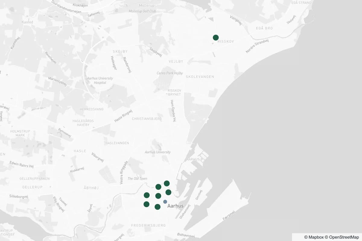Kort over øjenklinikker i Aarhus og resten af landet — tryk på en markør for detaljer