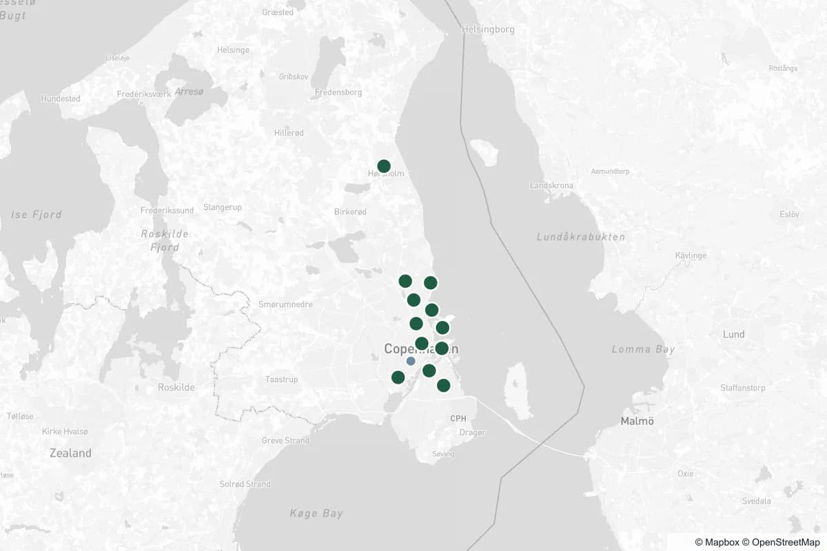 Kort over øjenklinikker i København og resten af landet — tryk på en markør for detaljer