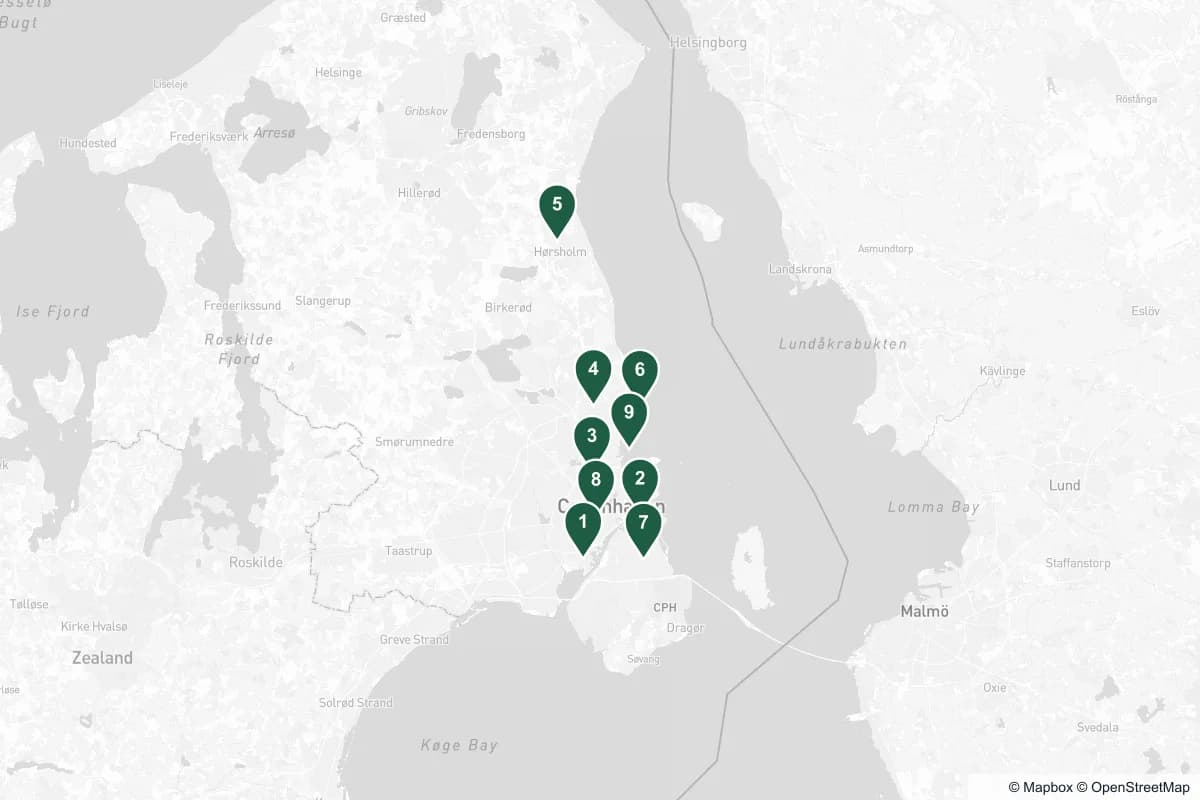 Kort over øjenklinikker i København — numrene svarer til klinikkerne i tabellen nedenfor