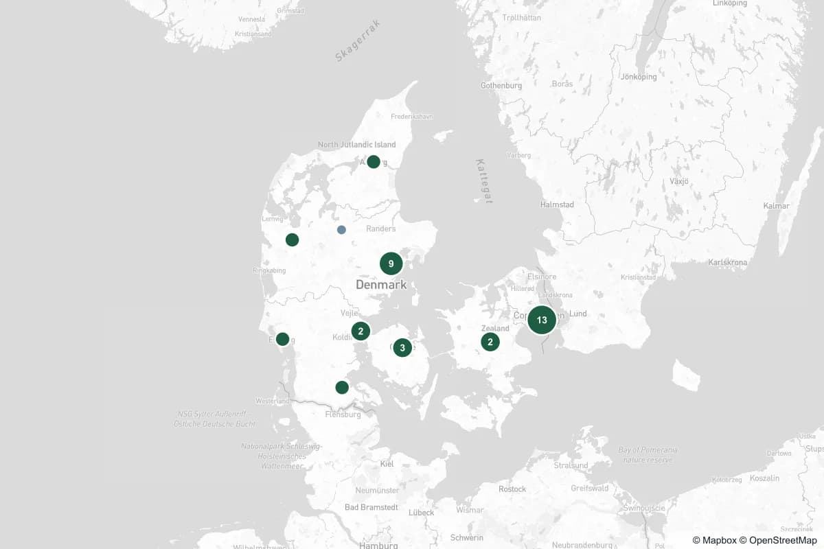 Kort over registrerede øjenklinikker i Danmark