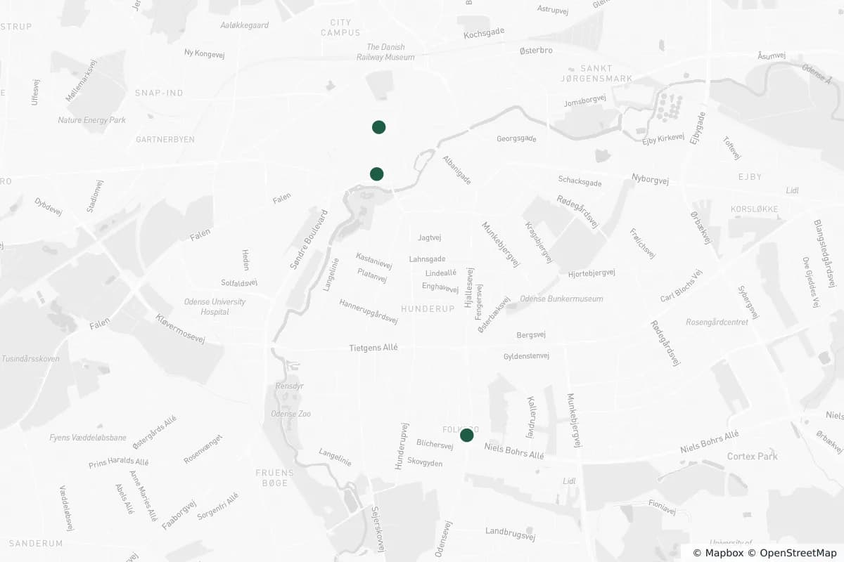 Kort over øjenklinikker i Odense og resten af landet — tryk på en markør for detaljer