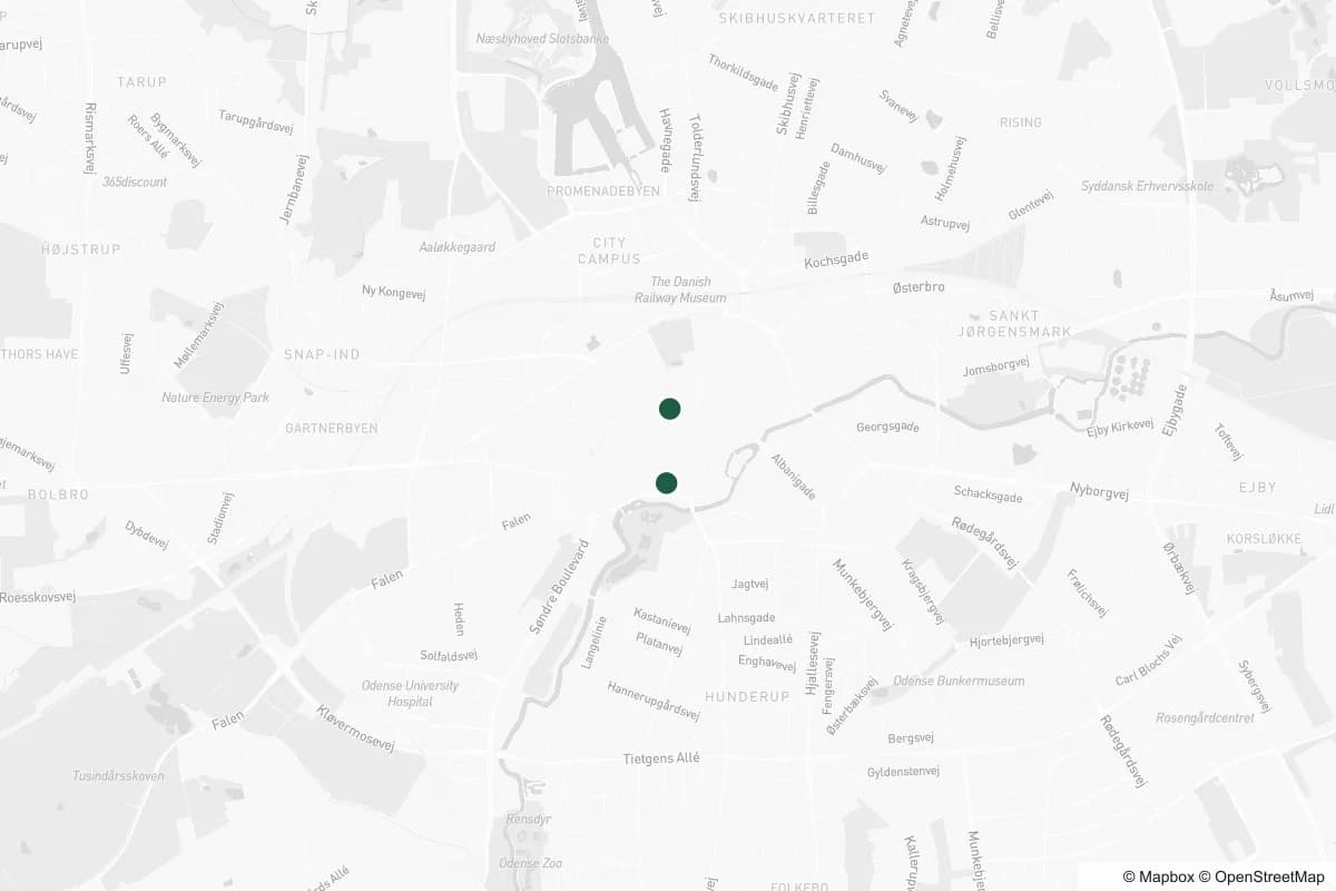 Kort over øjenklinikker i Odense og resten af landet — tryk på en markør for detaljer