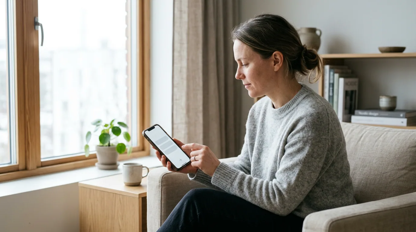 Person ved et lyst vindue ser på en mobil med et enkelt spørgeskema på skærmen.