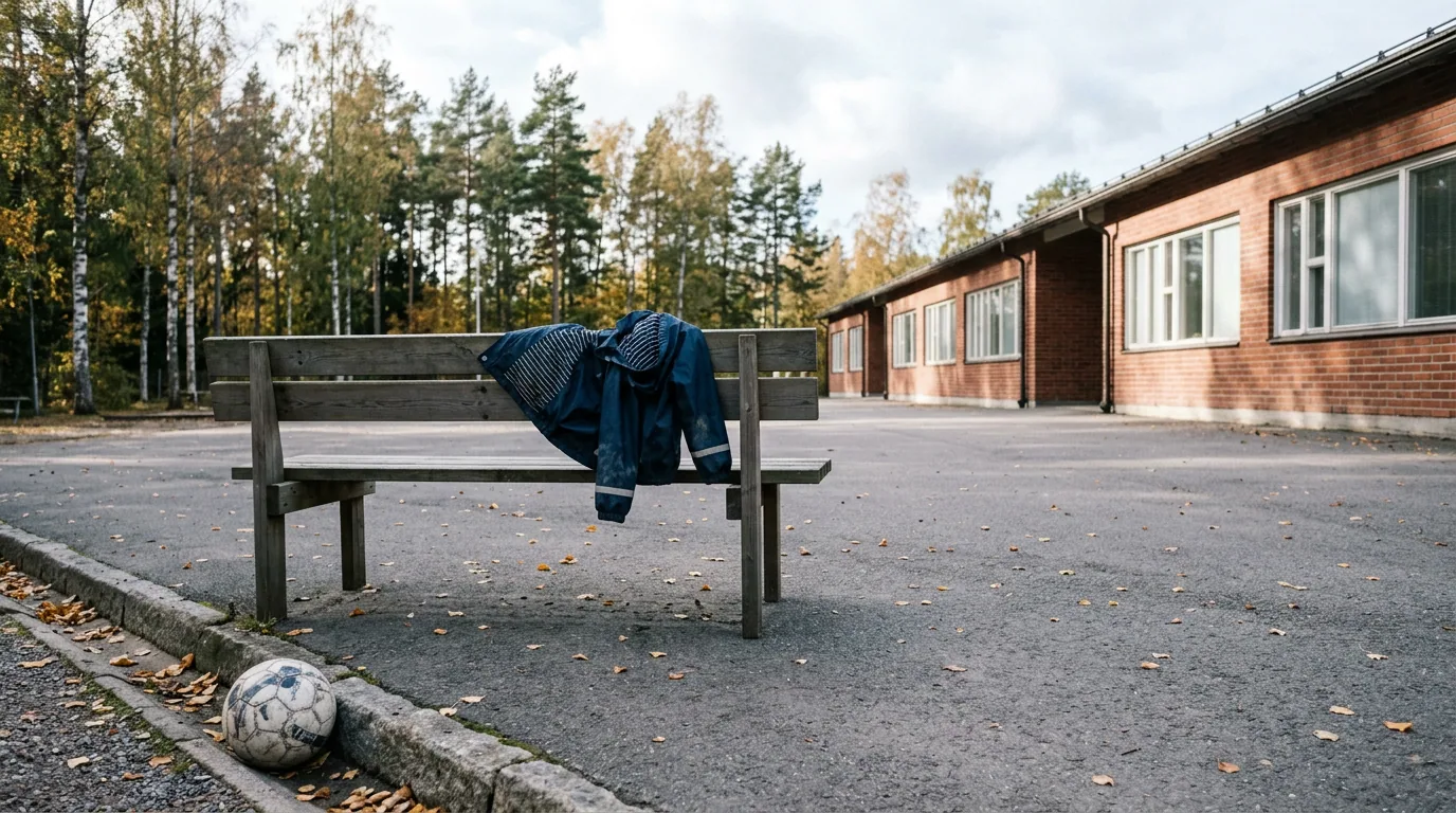 Tom skolegård i formiddagslys med en jakke smidt over en bænk og en bold i kanten af billedet