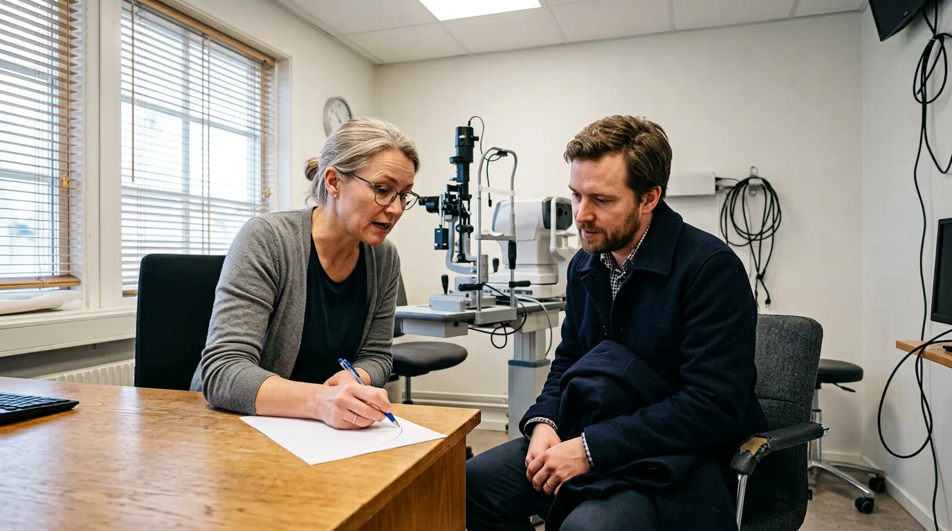 Optiker gennemgår resultaterne fra forundersøgelsen sammen med en patient ved et skrivebord