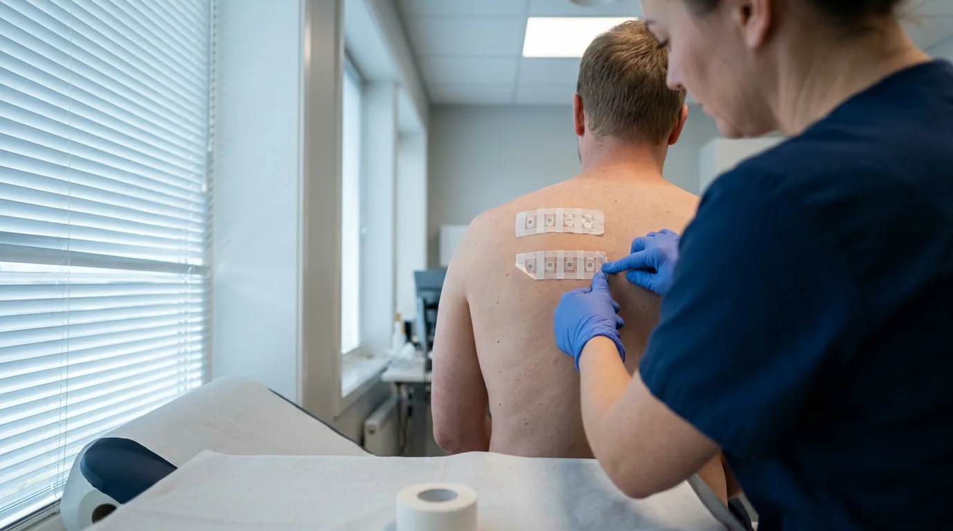 En hudsygeplejerske sætter den sidste strimmel med lappeprøvekamre fast på ryggen af en patient i et undersøgelsesrum
