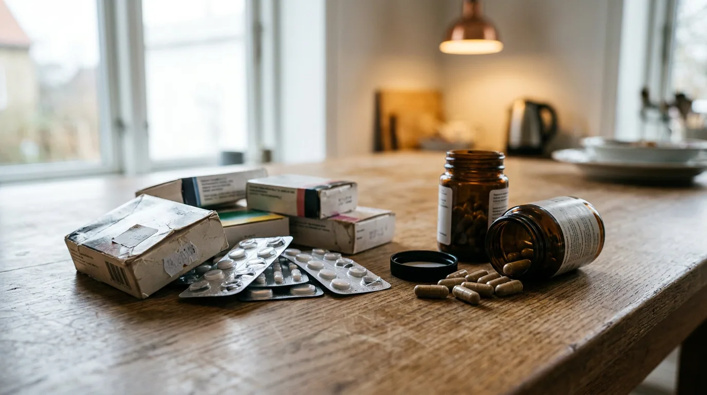 Medicinæsker og blisterkort ligger i en bunke ved siden af to dåser med kosttilskud på et køkkenbord, den ene dåse væltet med kapsler spredt ud over bordet