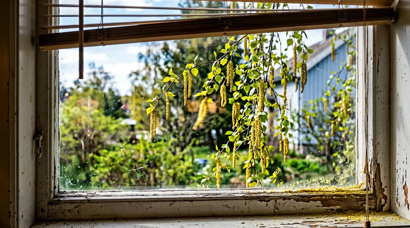 Birkerakler tæt på ydersiden af et gammelt køkkenvindue en aprilmorgen, med et lag gult pollen langs vindueskarmen