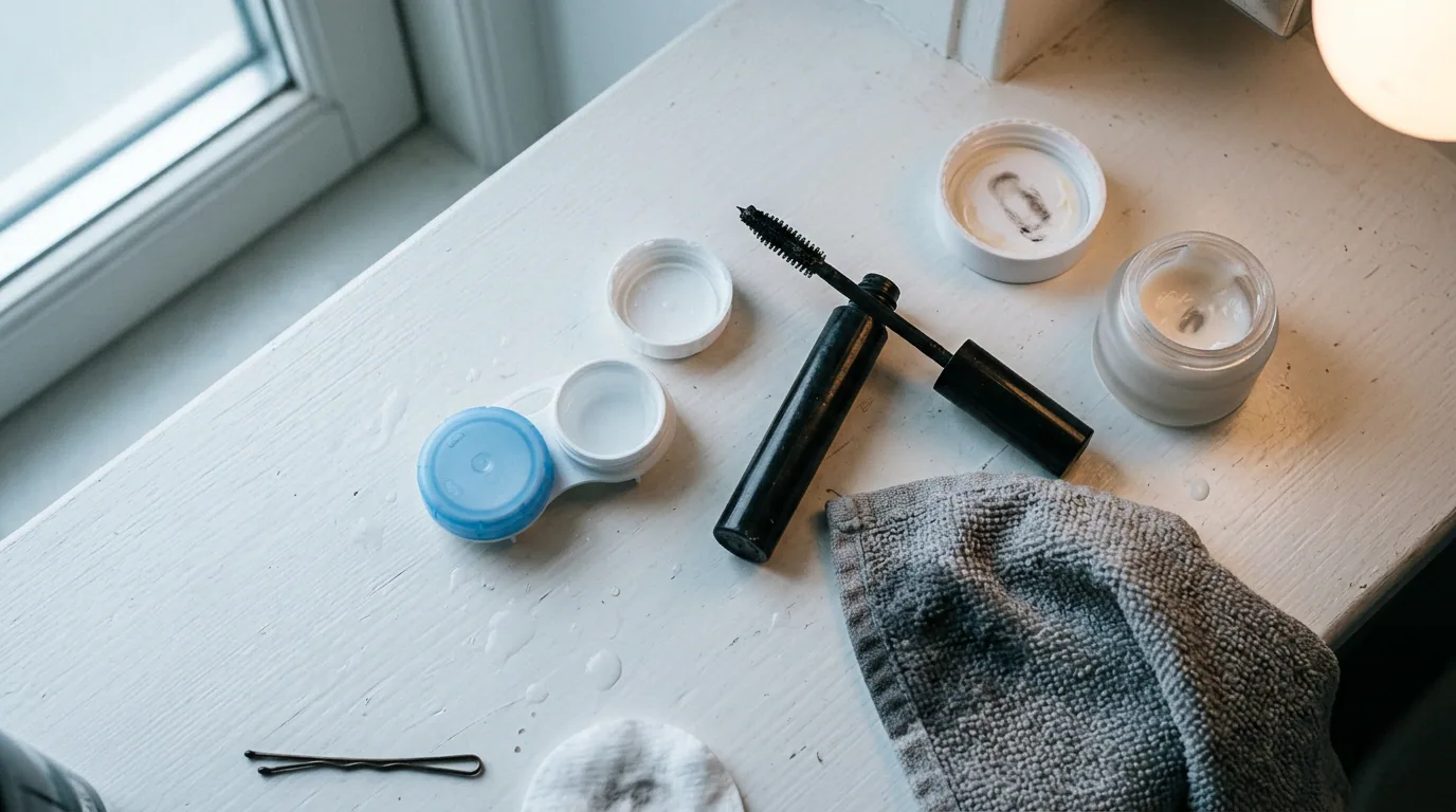 En badeværelseshylde set ovenfra med et åbent linseetui, en brugt mascara, en krukke øjencreme og en fugtig klud