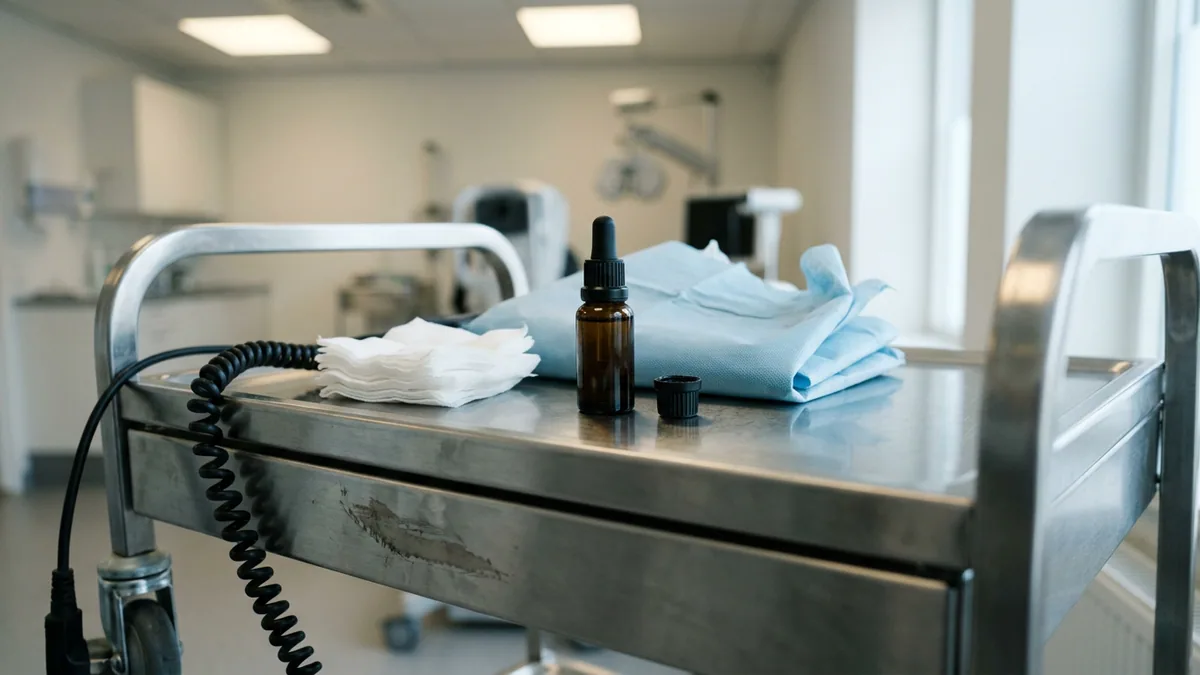 Instrumentvogn i stål med en ravfarvet dråbeflaske, et sammenfoldet sterilt afdækningsstykke og gaze i et behandlingsrum