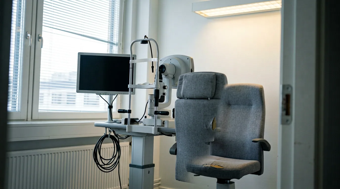 Et tomt undersøgelsesrum på en øjenklinik med et måleapparat på bordet ved siden af patientstolen, persienner for vinduet og en slukket skærm