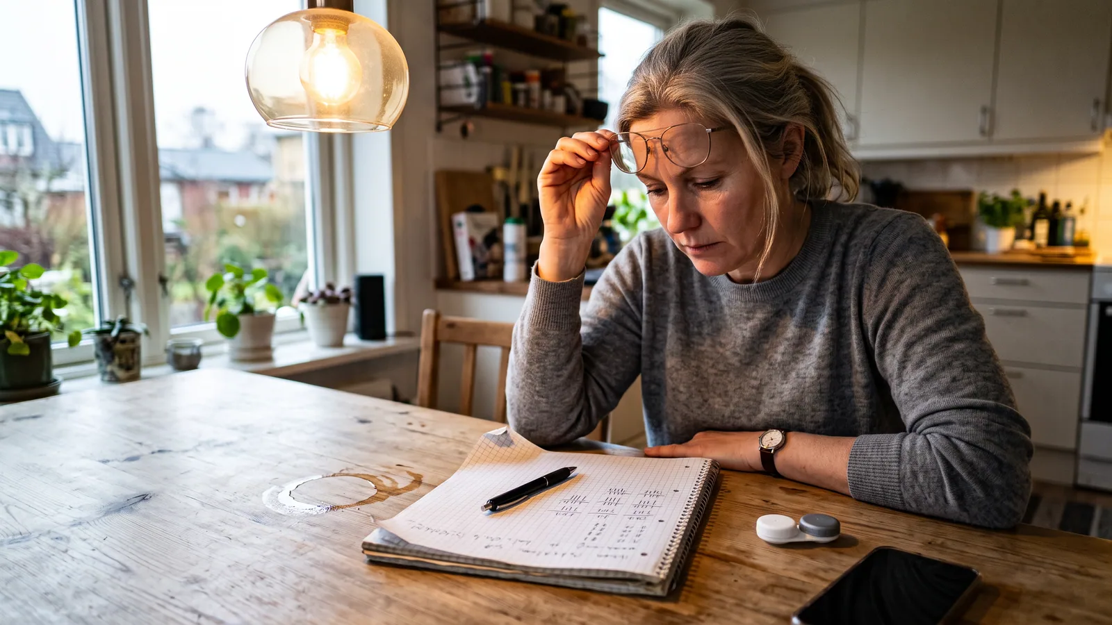 En kvinde ved et køkkenbord skubber brillerne op i panden, mens hun regner i en kvadreret blok med et linseetui ved siden af