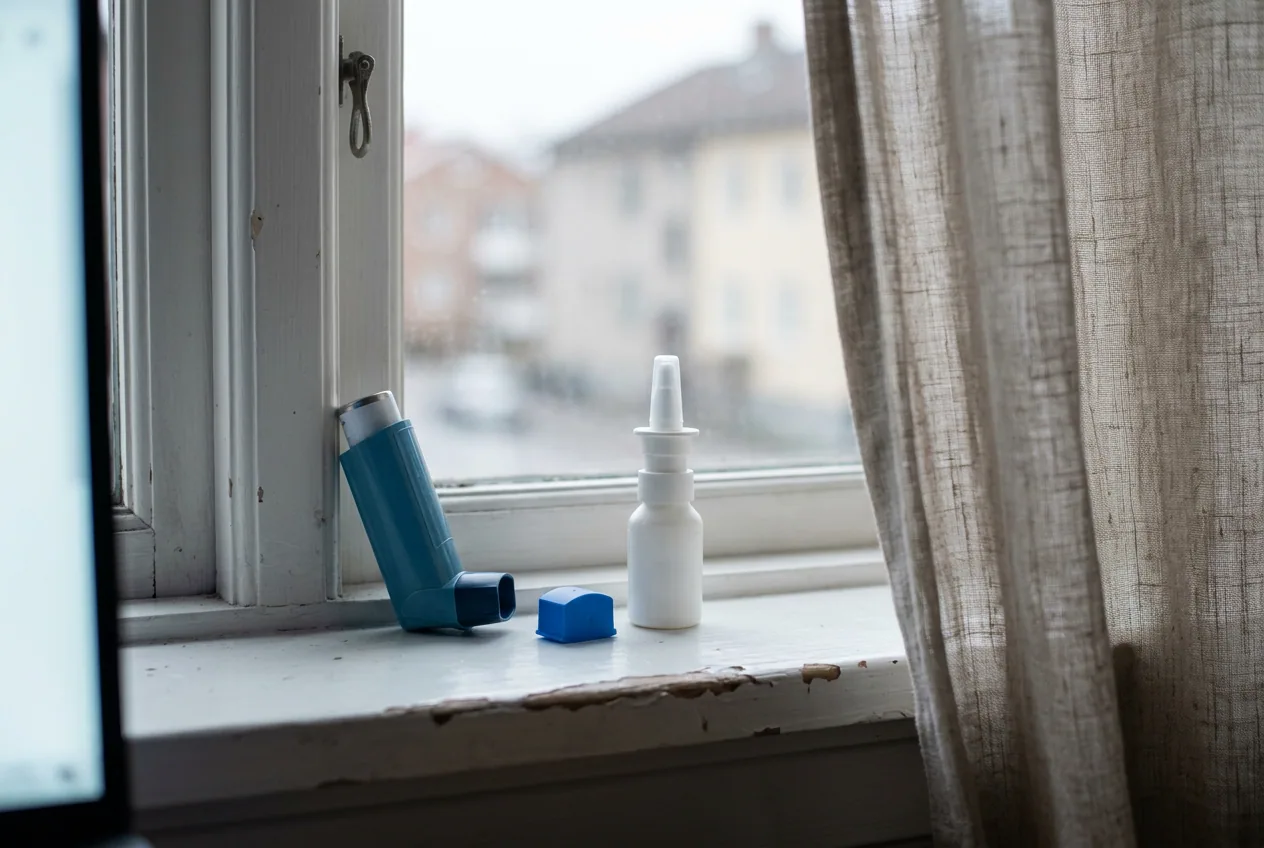 En astmainhalator og en næsespray står ved siden af hinanden på en hvidmalet vindueskarm i dagslys