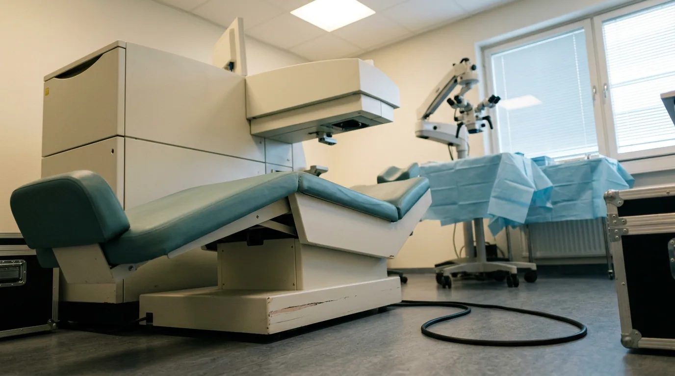 Et tomt behandlingsrum set lavt fra gulvet, med en excimerlaser og den tilbagelænede patientbriks i forgrunden og et operationsmikroskop ved et dækket bord længere bagude