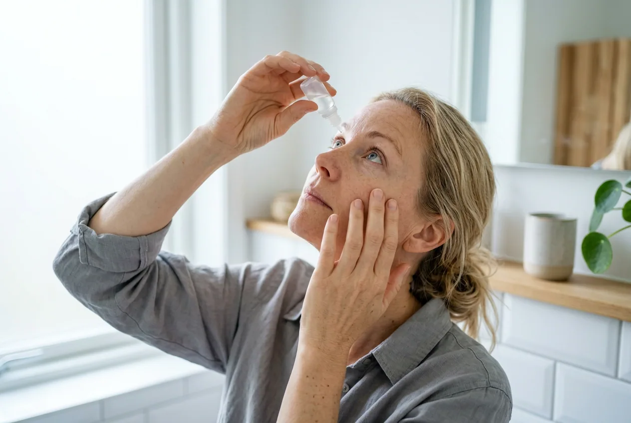 Kvinde derhjemme som drypper øjendråber i øjet under restitutionen efter øjenlaser