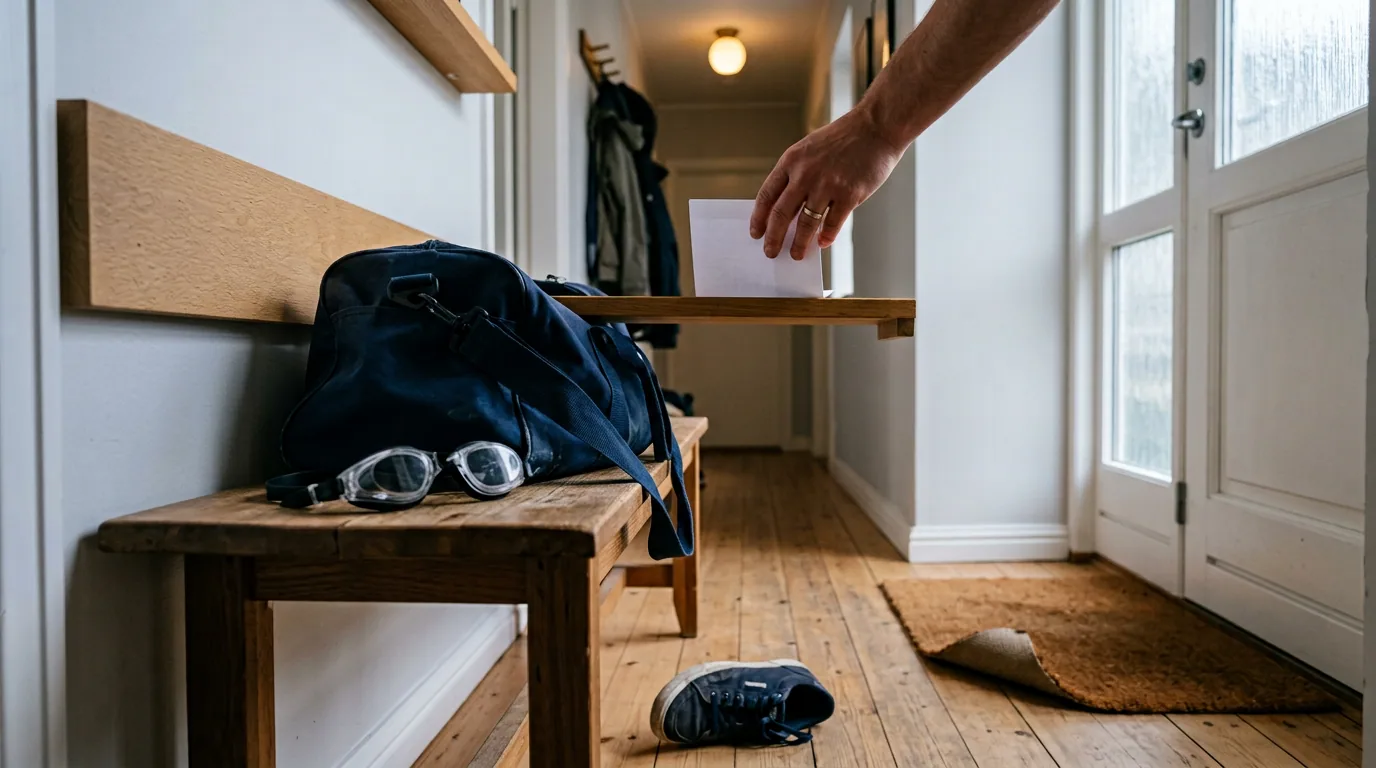 Svømmetaske og svømmebriller på en bænk i entreen ved siden af en indkaldelse fra klinikken