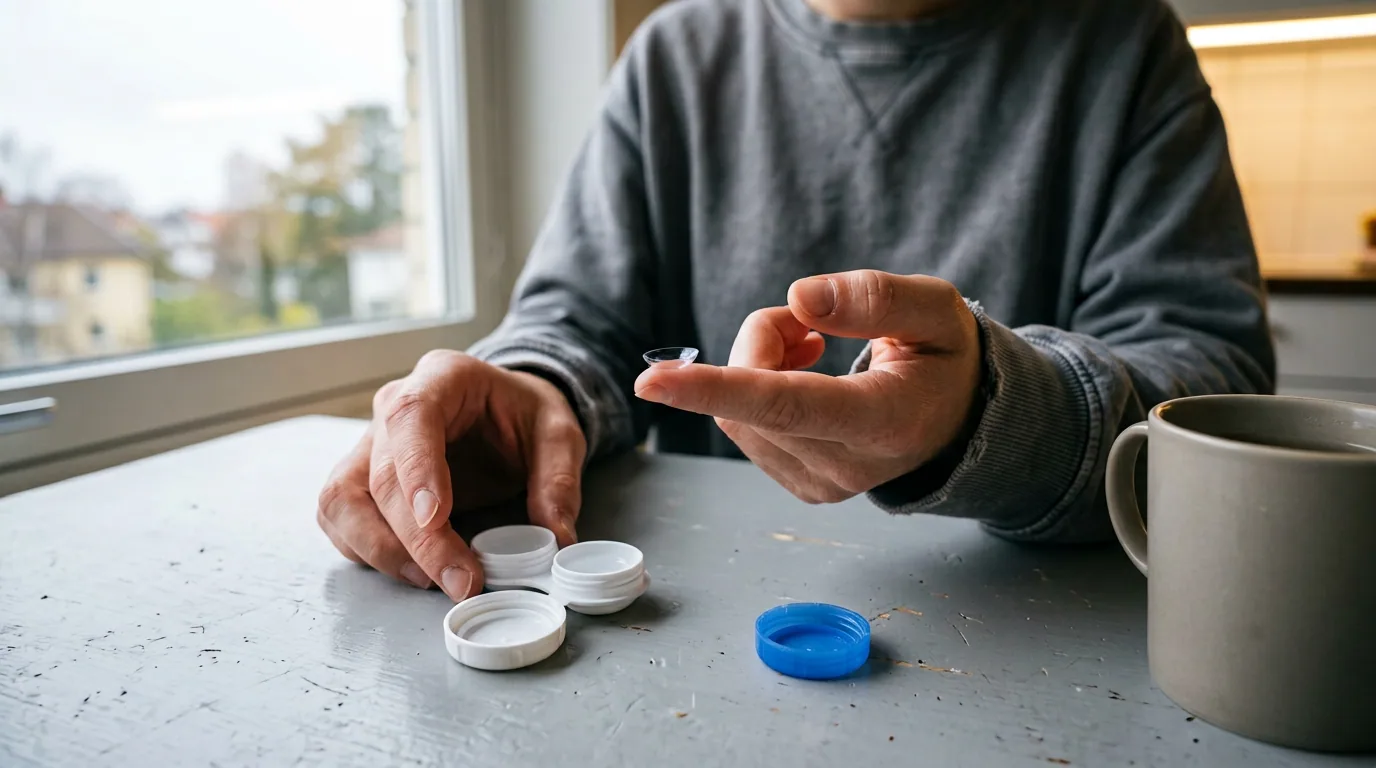 To hænder over et køkkenbord ved vinduet, den ene med en blød kontaktlinse balanceret på fingerspidsen, den anden holder det åbne linseetui