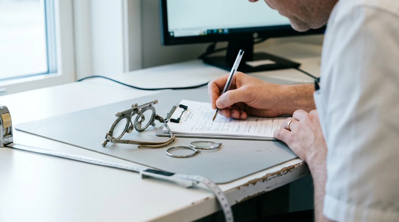 En optiker noterer på et skema ved skrivebordet, med prøvebrille, løse glas og et målebånd på bordet