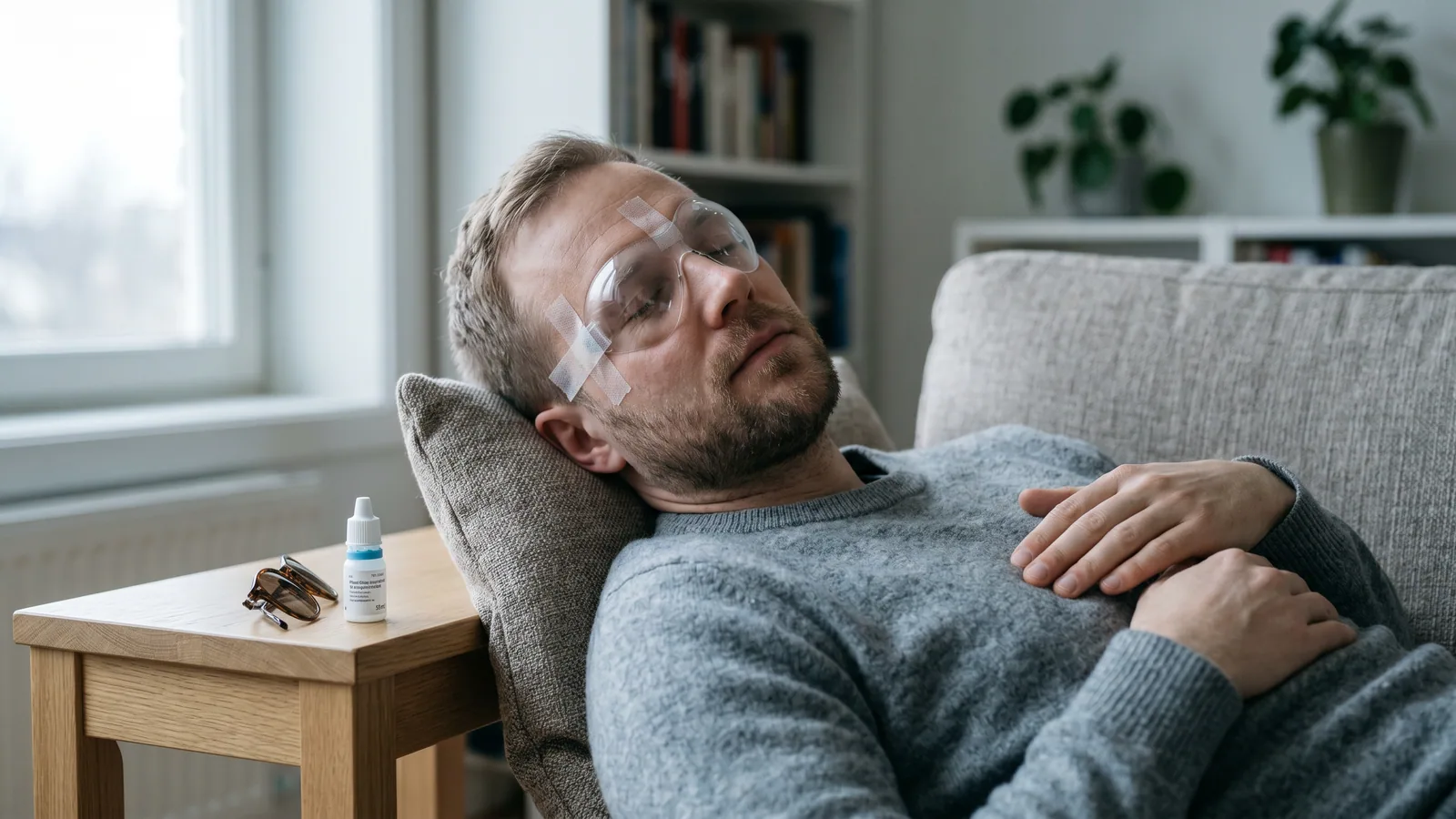 Mand hviler hjemme i sofaen med et gennemsigtigt øjenskjold efter øjenlaser, med solbriller og øjendråber på sidebordet