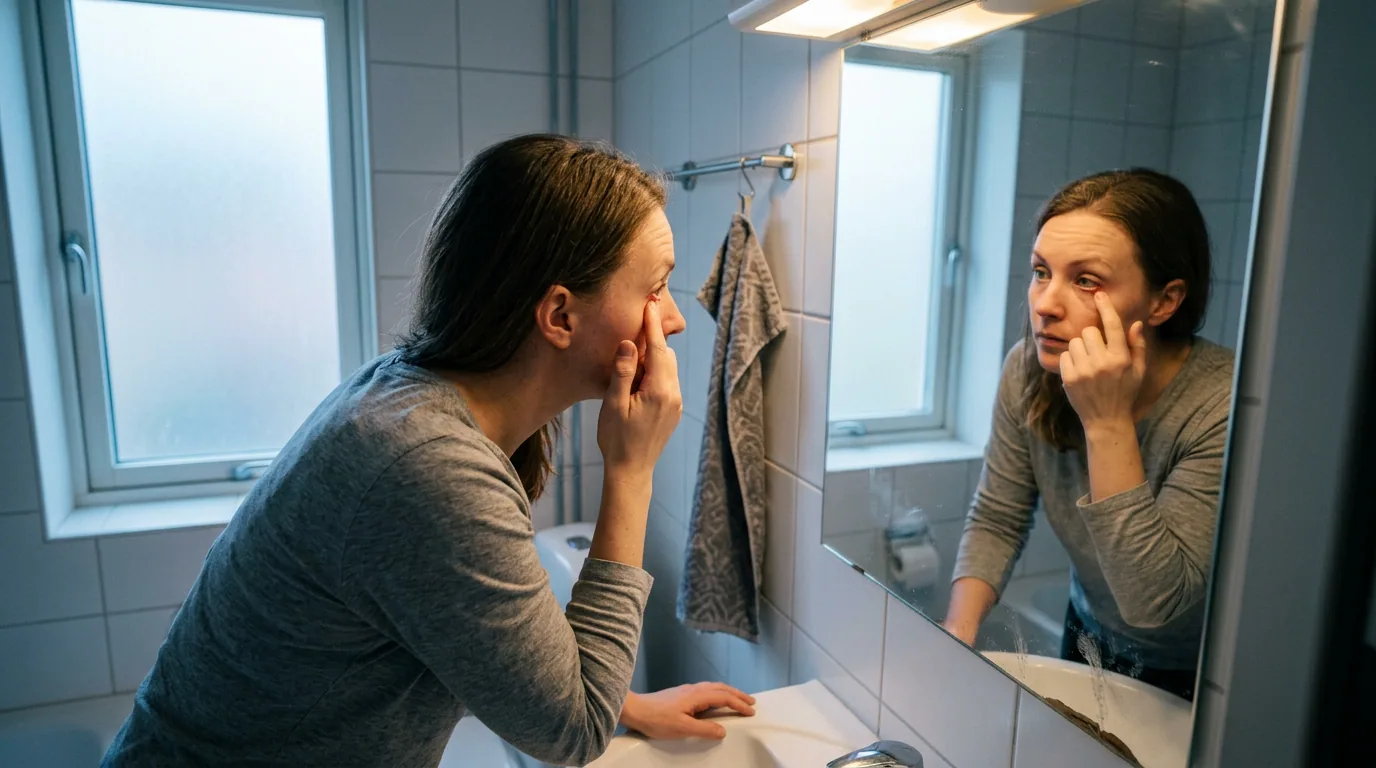 En kvinde bøjer sig ind mod badeværelsesspejlet om morgenen og trækker det nederste øjenlåg ned med en fingerspids for at se på et ømt punkt ved vippekanten