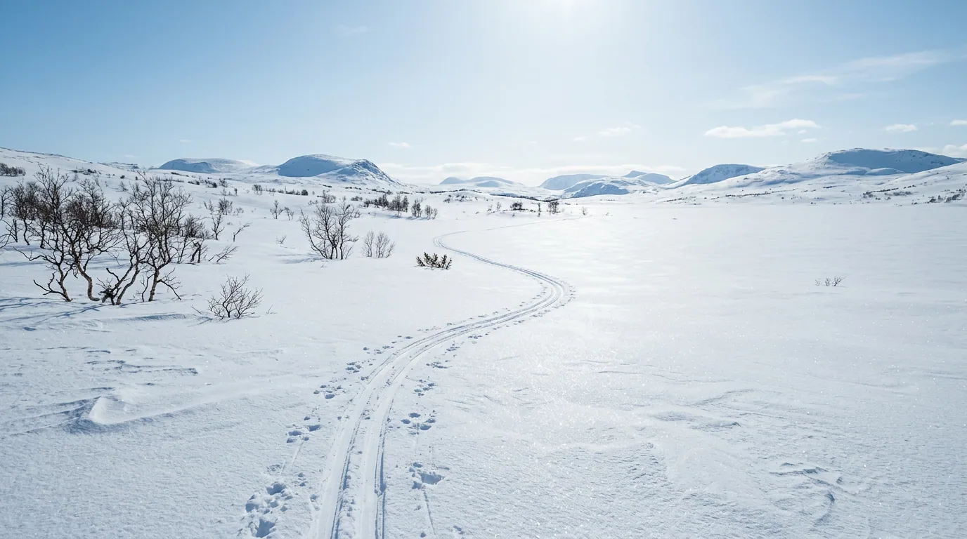 Snedækket skiterræn i skarpt forårssollys med skispor, der svinger væk mod bjergtoppe