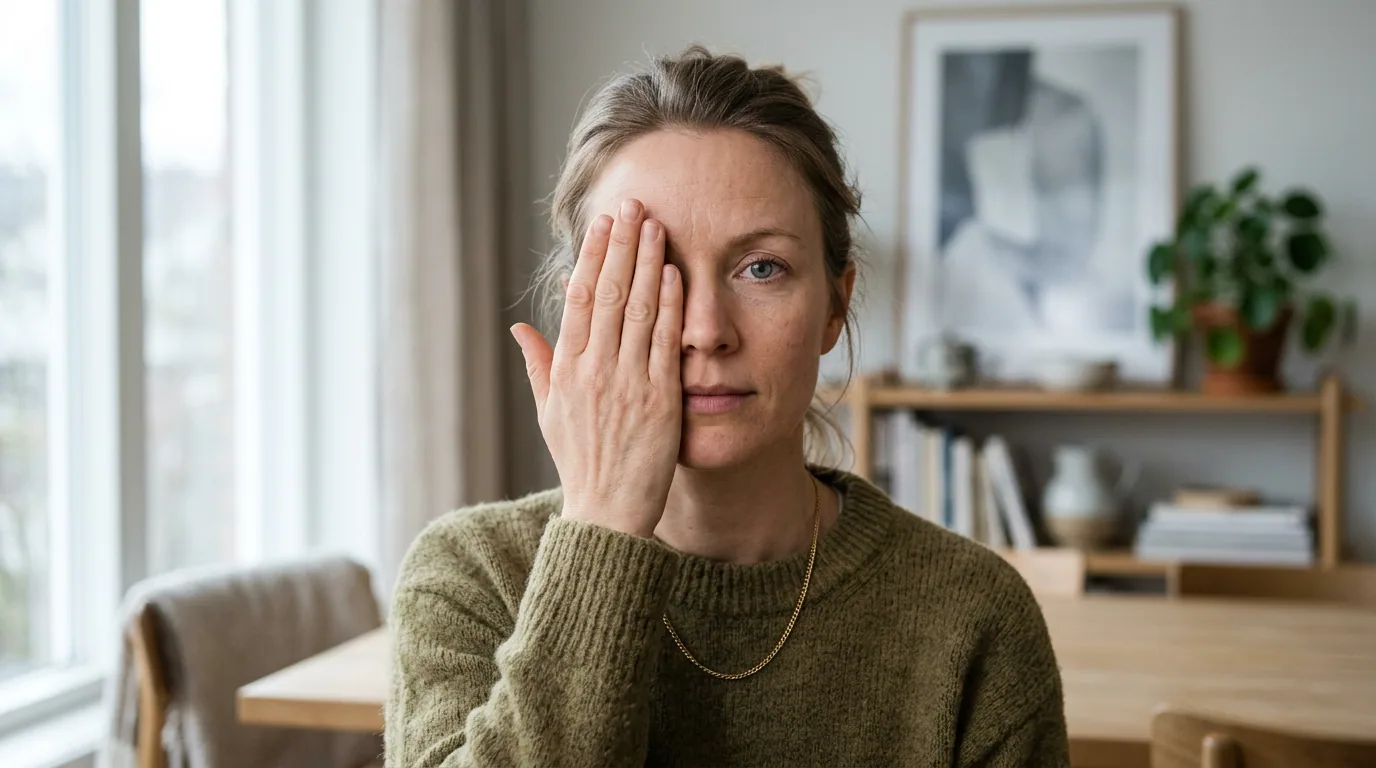 Illustration af dæk-ét-øje-selvtesten, hvor en hånd dækker for det ene øje for at afgøre om en synsforstyrrelse rammer ét eller begge øjne