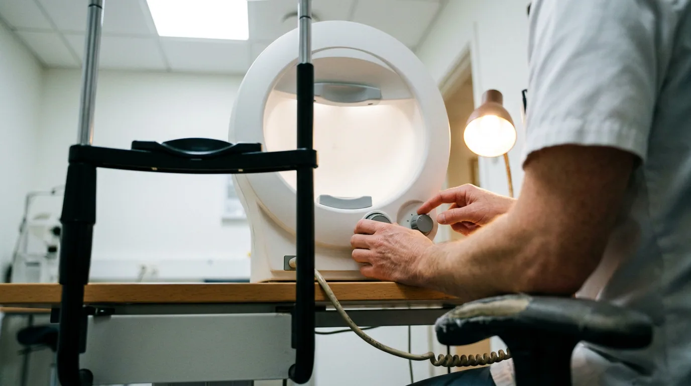 Nærbillede af en optikers hænder på knapperne til et synsfeltsapparat med tom hagestøtte foran den lyse kuppel
