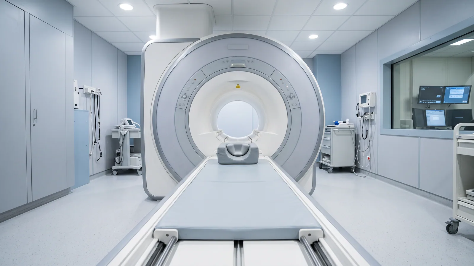 En tom MR-scanner i et lyst undersøgelsesrum på et hospital, set fra fodenden af patientlejet