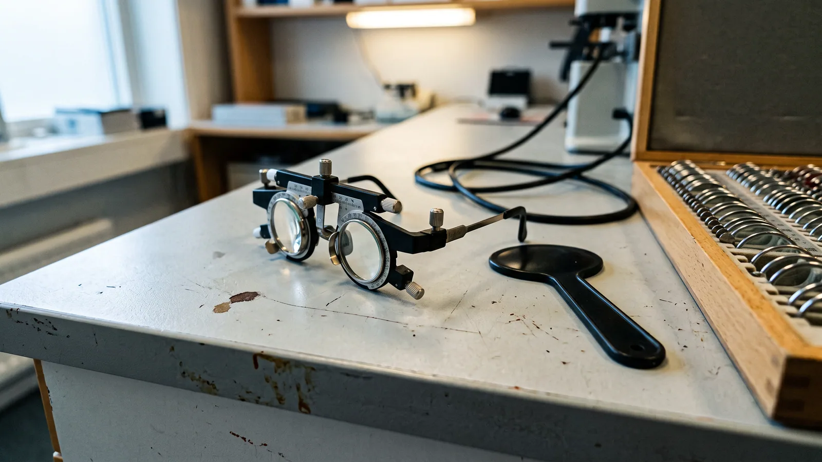 Prøvebrille og en okkluder på bordet i et optikerværksted, ved siden af en kasse med prøvelinser