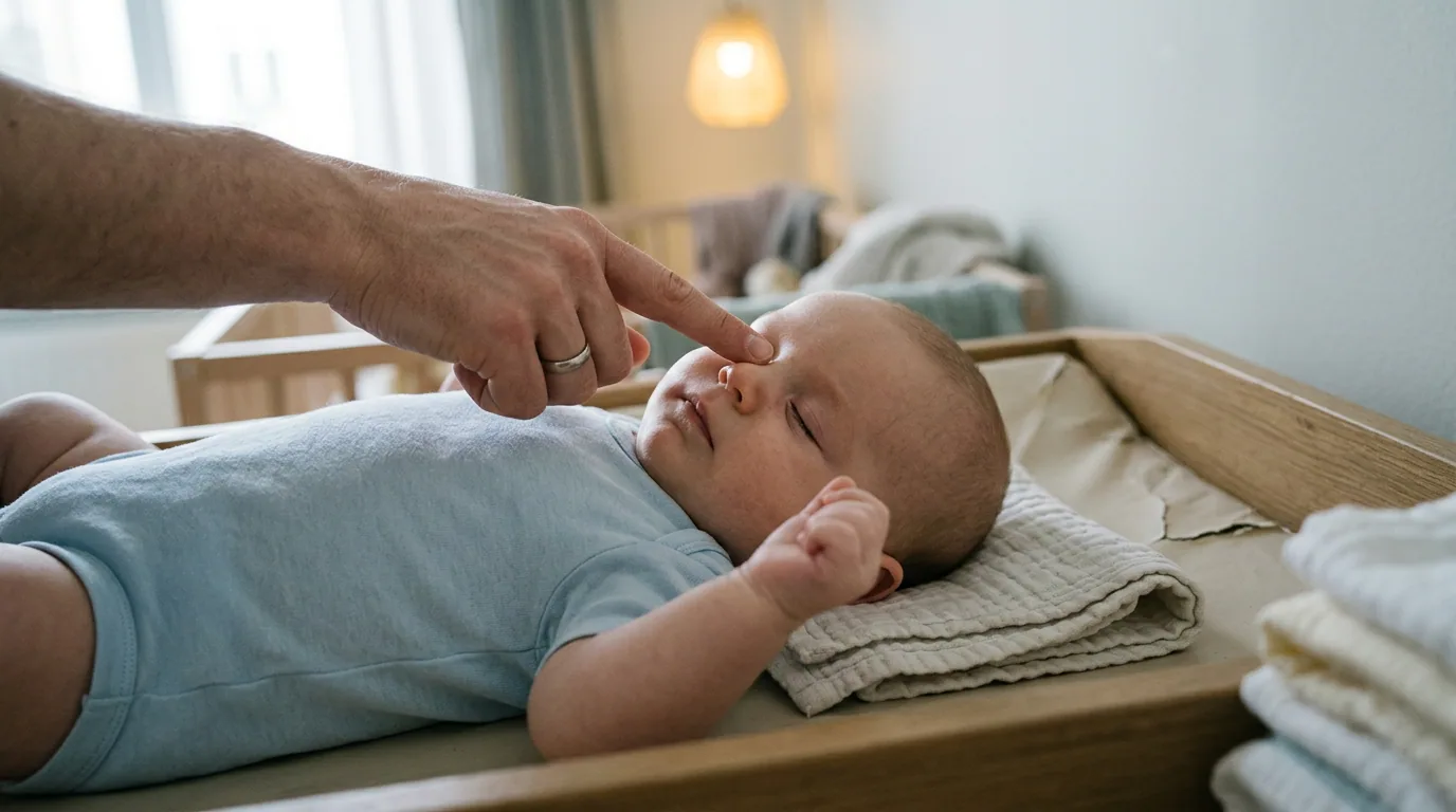 En forælders fingerspids hviler i den indre øjenkrog på en rolig baby på puslebordet, klar til at trykke nedad langs næsen