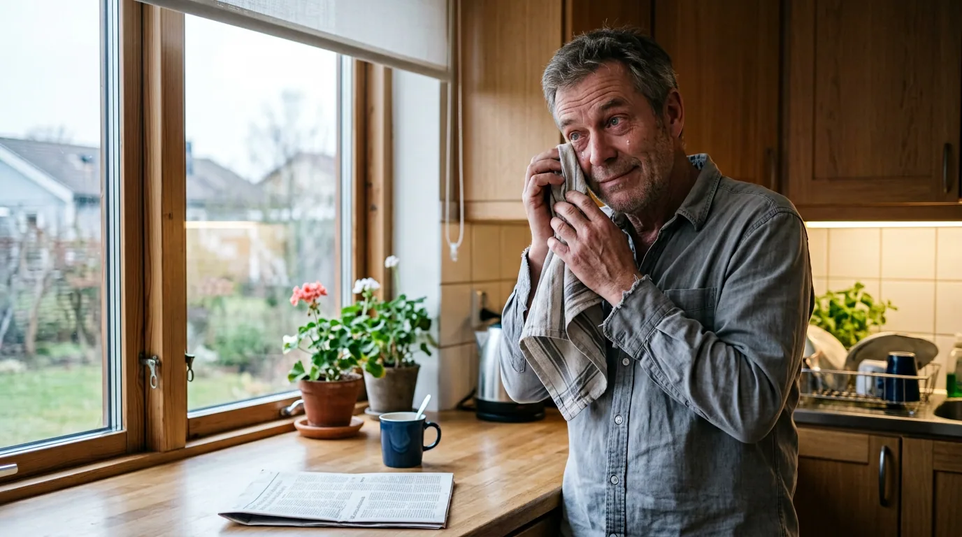 En mand ved køkkenvinduet tørrer det ene øje med et viskestykke, mens det løber over