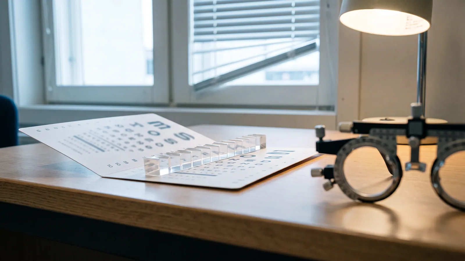 Prismelineal lagt hen over et læsekort på en optikers arbejdsbord, med et prøvestel ude af fokus i kanten