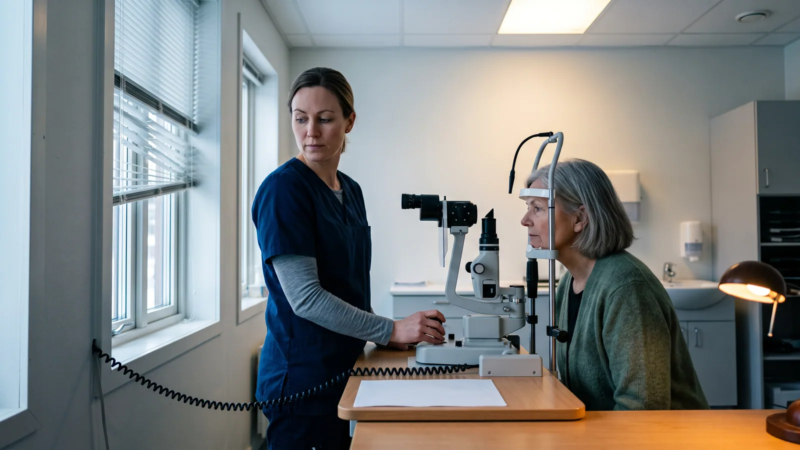 En optiker justerer en spaltelampe i et lyst undersøgelsesrum, mens en kvinde i tresserne sidder med hagen mod støtten