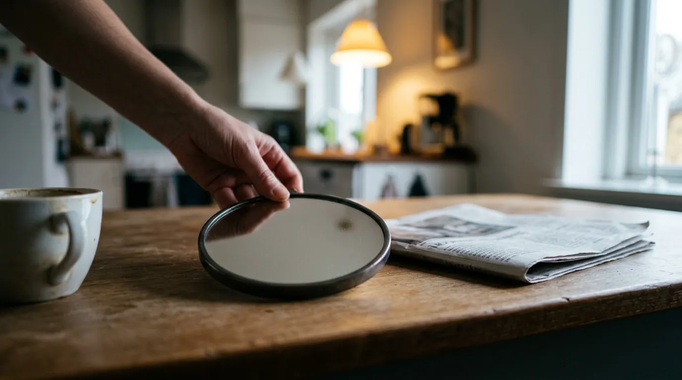 To hænder sætter et lille rundt håndspejl ned på et køkkenbord ved siden af en sammenfoldet avis i morgenlys