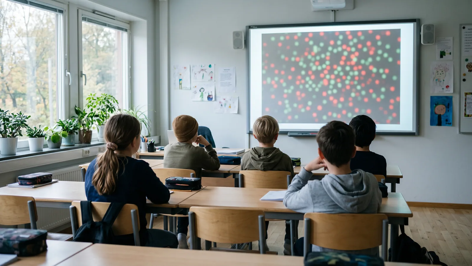 Elever i et lyst klasselokale følger med på en Ishihara-lignende farveprik-tavle, der vises på en smartboard foran ved tavlen