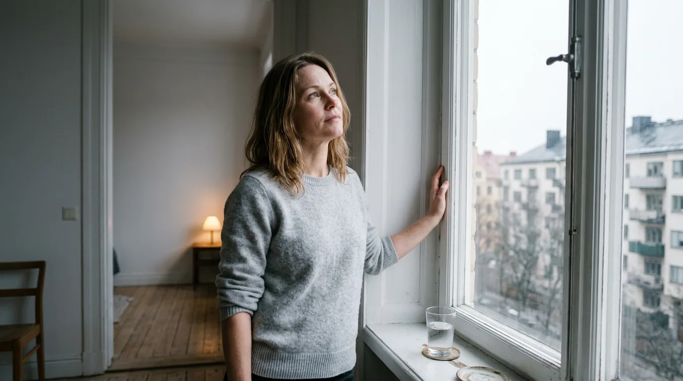En kvinde står ved et højt vindue i en lys lejlighed en grå formiddag og følger noget med blikket oppe i den hvide himmel